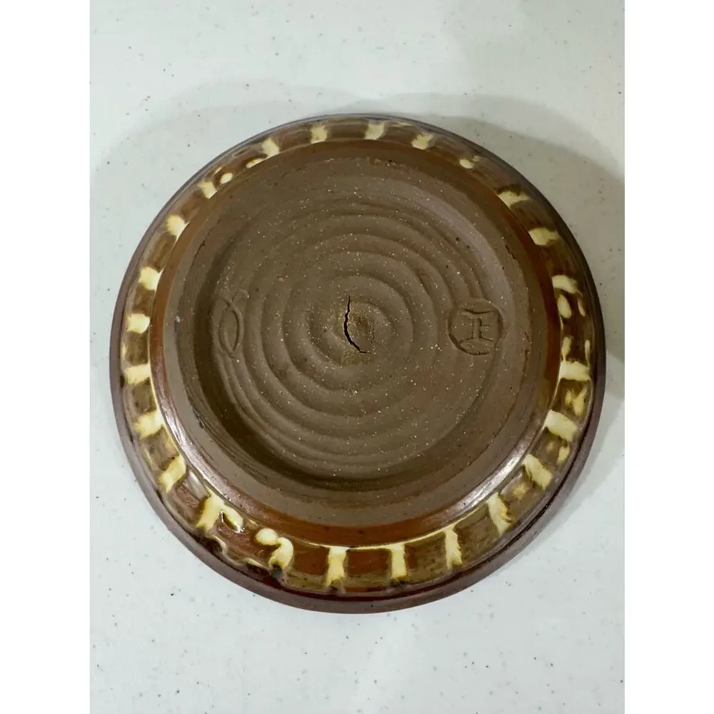 Studio Pottery Art Handmade 2 pc Candle Holder Tray Brown Signed Tom‎ Hughes
